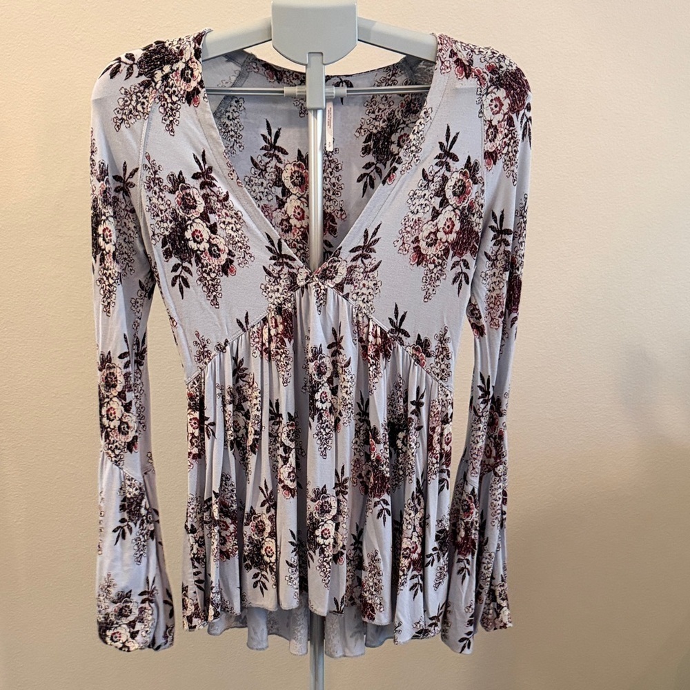 Free People Floral V-Neck Blouse - Gray and Pink